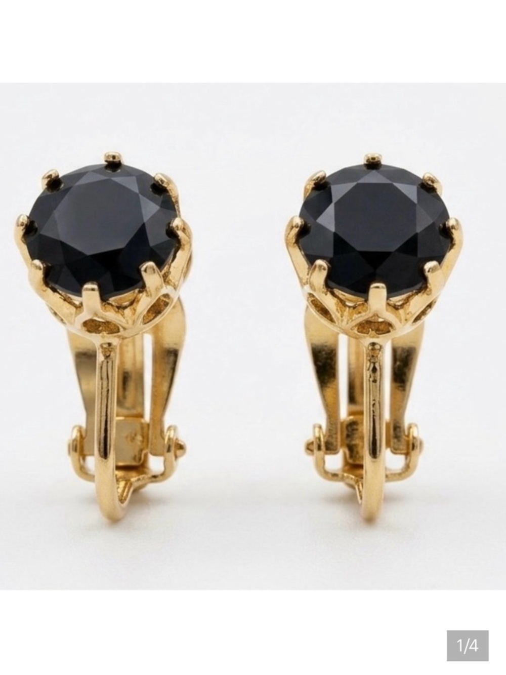 Vintage Gold Tone Black Onyx Style Clip-On Earrings | Crown Setting